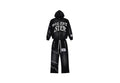 A black hooded sweatshirt and matching wide-leg pants set with white graphic text reading 'SILENT STEP' on the hoodie and white footsteps designs 