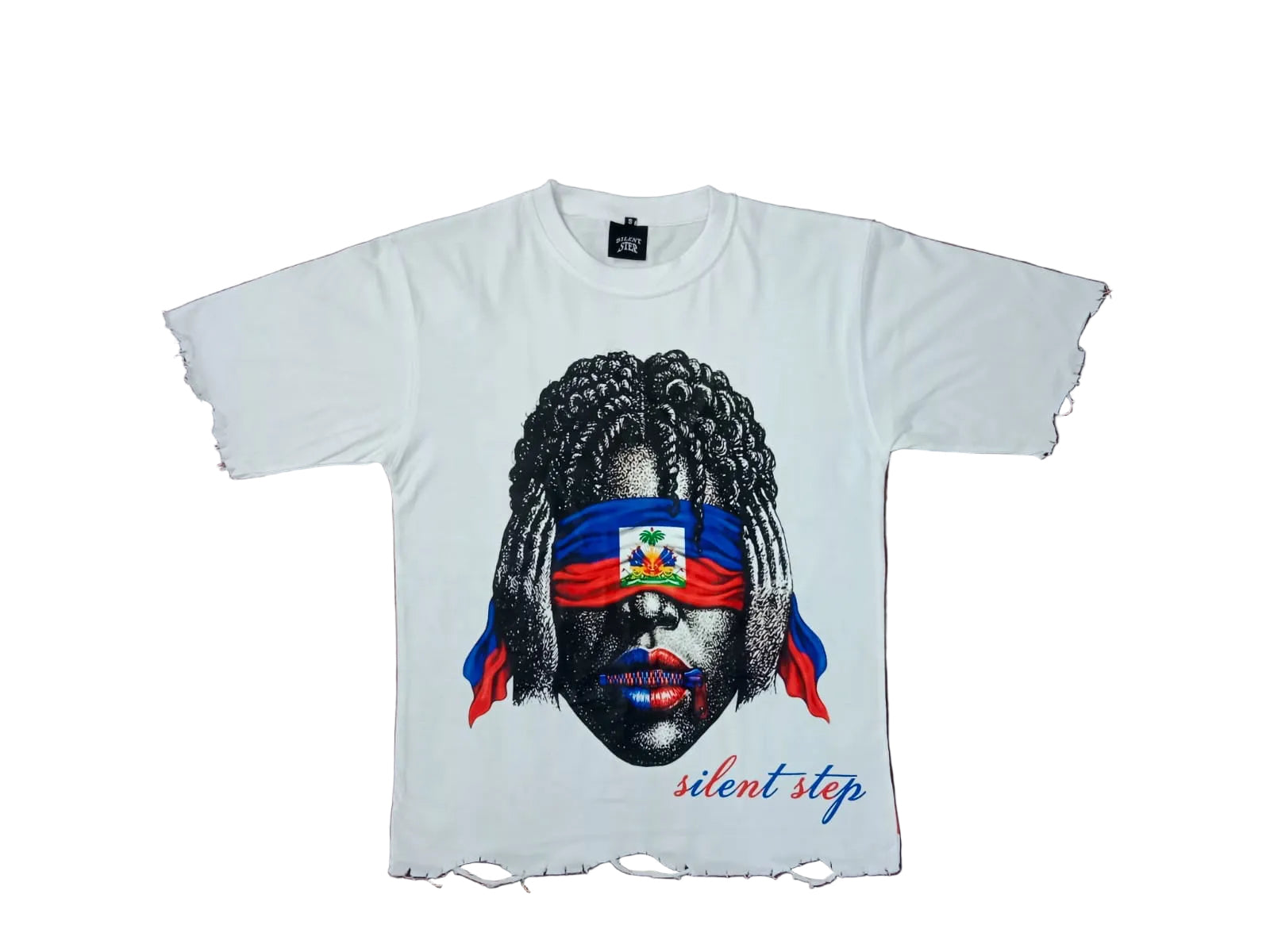 A white distressed t-shirt featuring a graphic print of a blindfolded face with Haitian flag colors and the text 'silent step' in blue script.