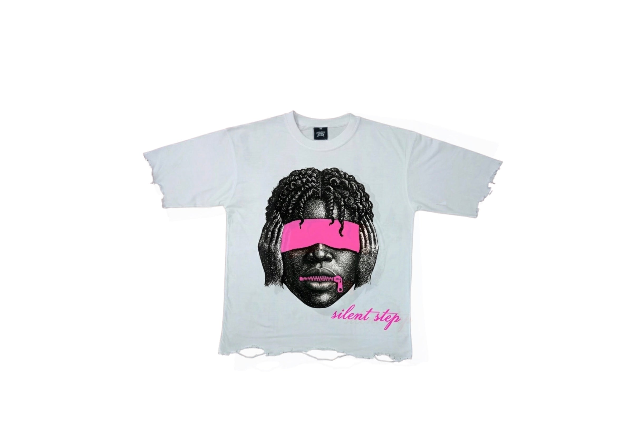 A white distressed t-shirt featuring a graphic print of a black-and-white face with a bright pink blindfold and pink lips, with the text 'silent step' in pink script below.